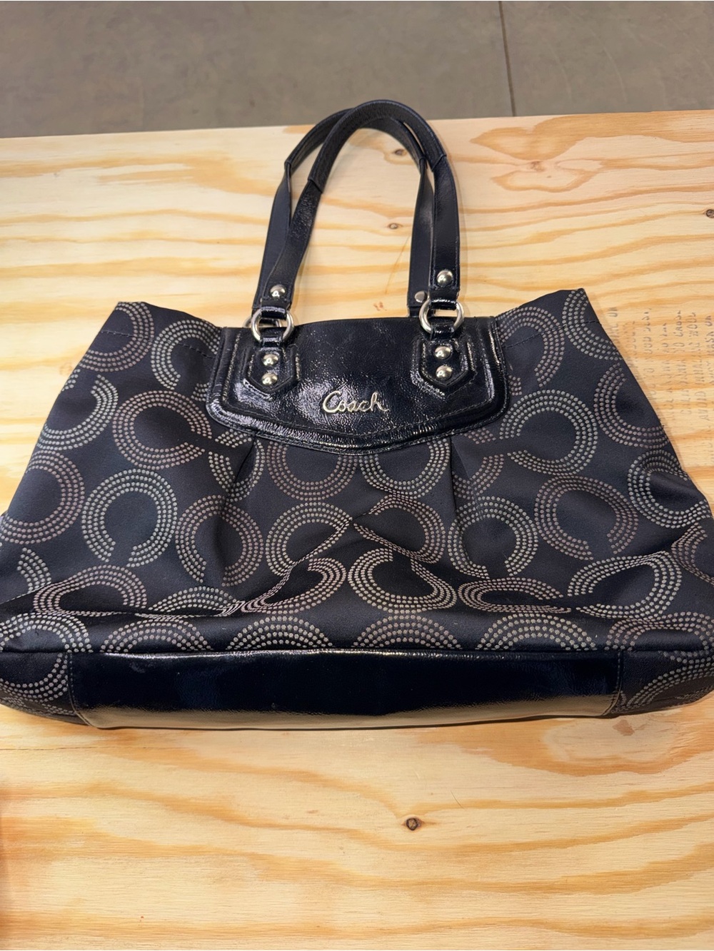 Coach Black Op Art Signature Tote Shoulder Bag Patent Leather Trim Purse